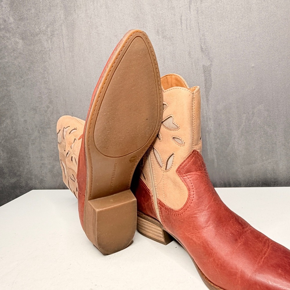 Lucky Brand Herzie Boots Womens 11 Red Tan Leather Cutout Western Ankle Boot New - Picture 6 of 10